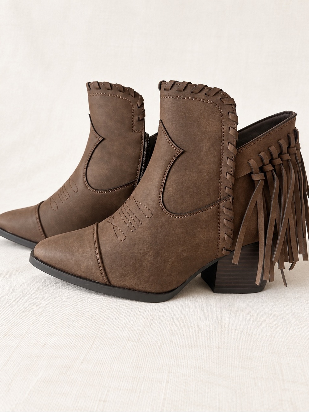 Fringed Western Ankle Boots in Brown